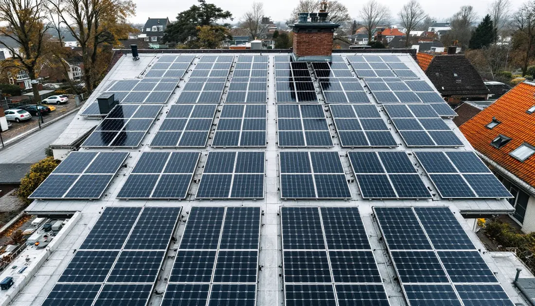 Zonnepanelen op een plat dak in oost-west opstelling