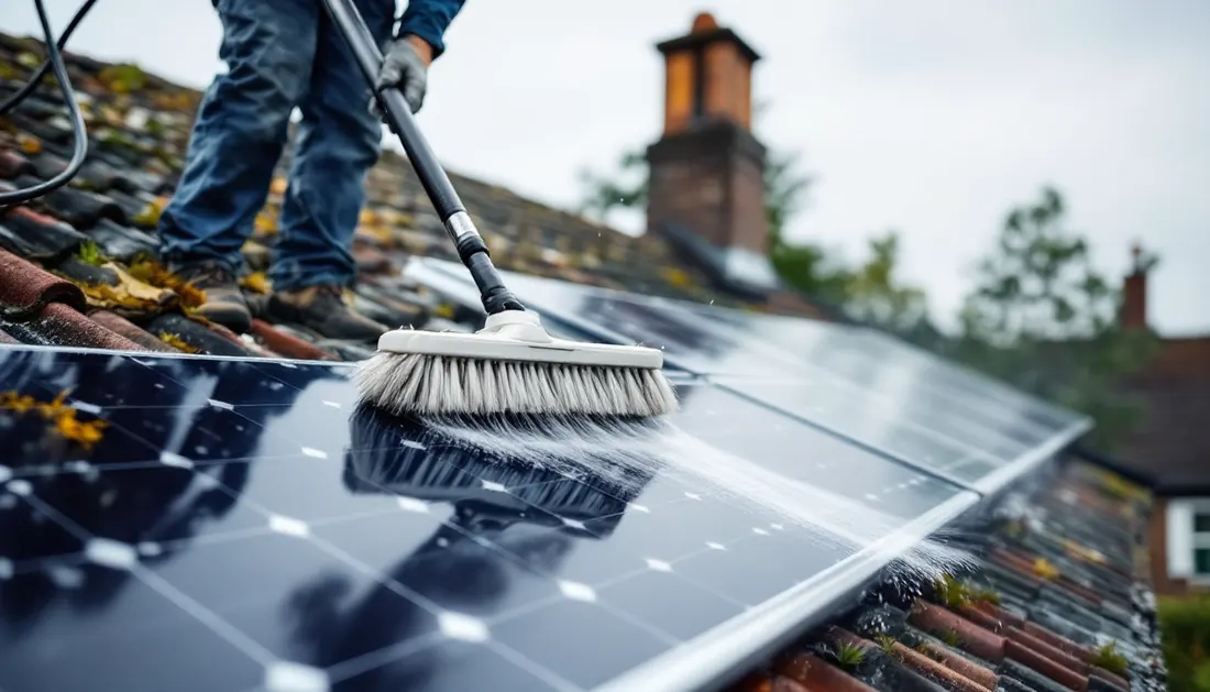 Zonnepanelen laten reinigen met een telescopische borstel en water