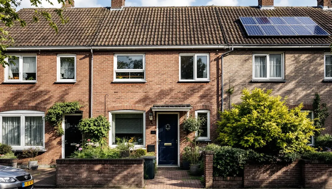 Nederlandse woning met zonnepanelen, illustratie bij subsidie
