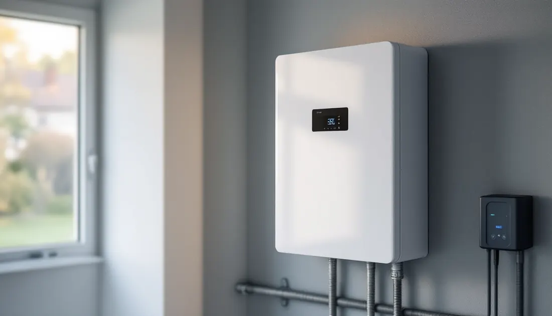 Thuisbatterij gemonteerd naast de omvormer in een Nederlandse woning